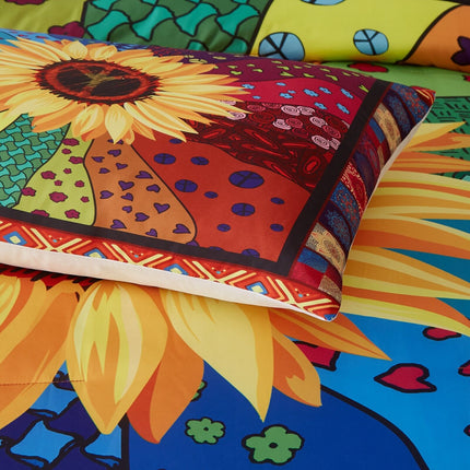 Floral Sunflower Comforter Set, King Size, Quilted Bedding with Pillowcases.