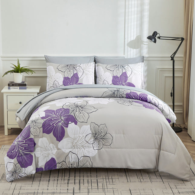 Floral Comforter Set, King Size, Purple Floral 3-Piece Bedding, Lightweight Microfiber.