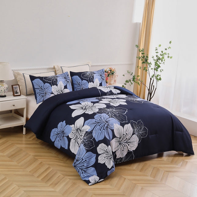 King Comforter Set, Navy Blue Floral 3-Piece Bedding, Soft Microfiber for All Seasons.