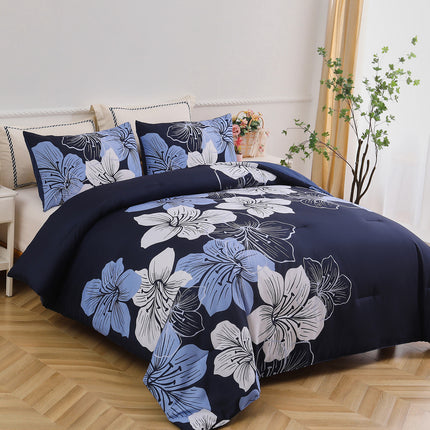 King Comforter Set, Navy Blue Floral 3-Piece Bedding, Soft Microfiber for All Seasons.