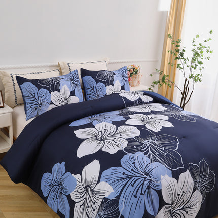 King Comforter Set, Navy Blue Floral 3-Piece Bedding, Soft Microfiber for All Seasons.