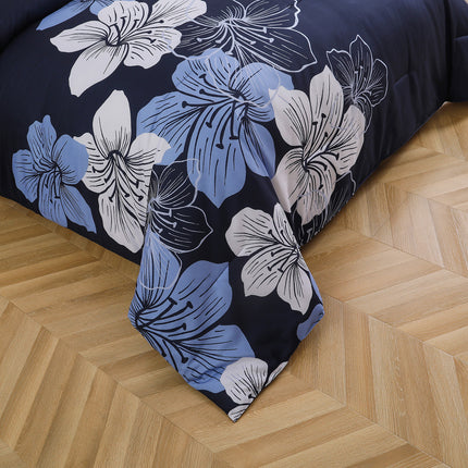 King Comforter Set, Navy Blue Floral 3-Piece Bedding, Soft Microfiber for All Seasons.