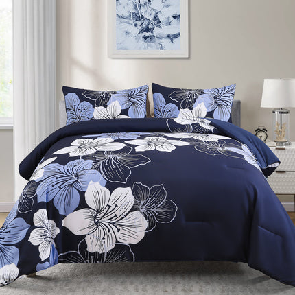 King Comforter Set, Navy Blue Floral 3-Piece Bedding, Soft Microfiber for All Seasons.