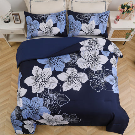 King Comforter Set, Navy Blue Floral 3-Piece Bedding, Soft Microfiber for All Seasons.