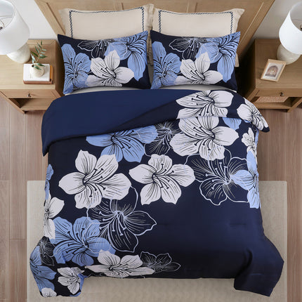 King Comforter Set, Navy Blue Floral 3-Piece Bedding, Soft Microfiber for All Seasons.