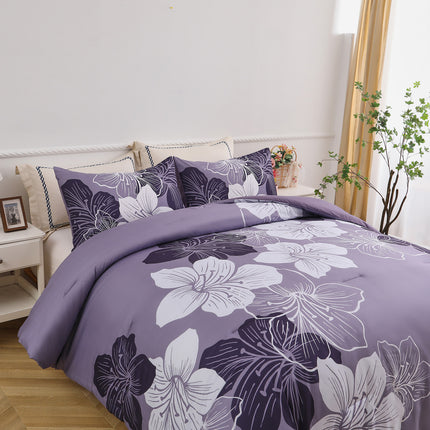 King Comforter Set, Dark Purple Floral 3-Piece Bedding, Soft Microfiber for All Seasons.