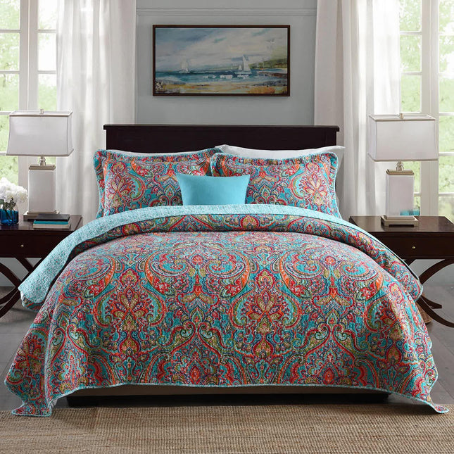 Blue Teal Boho Print Bedspread Quilt Set + Pillowcases.