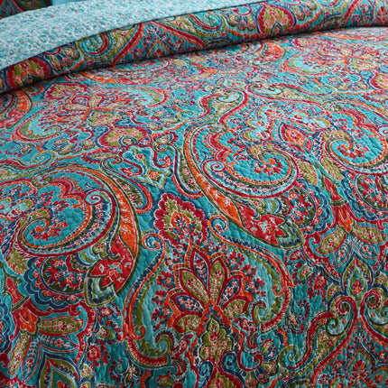 Blue Teal Boho Print Bedspread Quilt Set + Pillowcases.