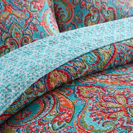 Blue Teal Boho Print Bedspread Quilt Set + Pillowcases.