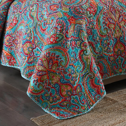 Blue Teal Boho Print Bedspread Quilt Set + Pillowcases.