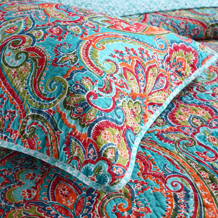 Blue Teal Boho Print Bedspread Quilt Set + Pillowcases.