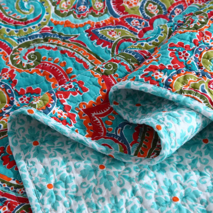 Blue Teal Boho Print Bedspread Quilt Set + Pillowcases.