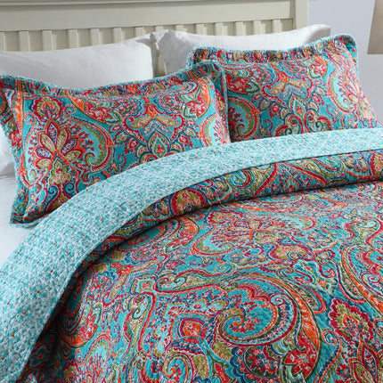 Blue Teal Boho Print Bedspread Quilt Set + Pillowcases.