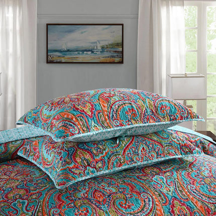 Blue Teal Boho Print Bedspread Quilt Set + Pillowcases.