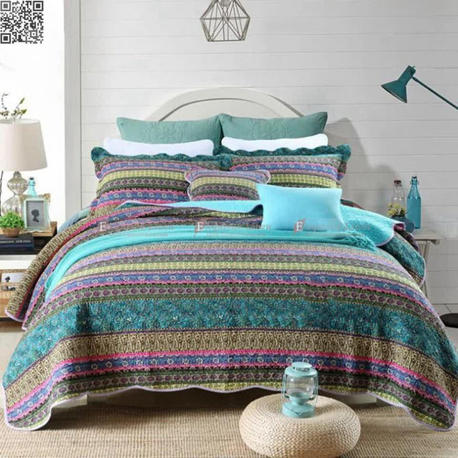 Grenn Teal Boho style Printed Bedspread Quilt Set + Pillowcases.