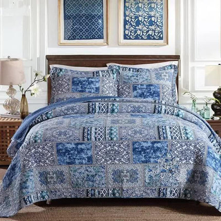 Boho Blue Quilted Coverlet & Pillow Set: Vibrant, Cozy Elegance - king.