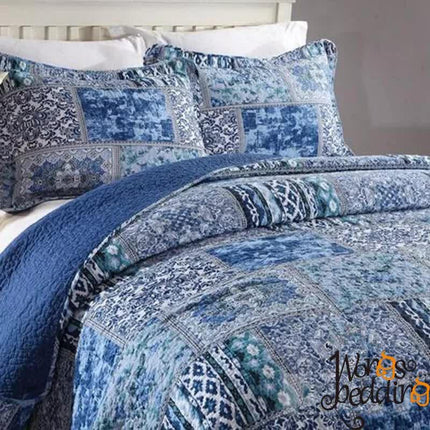 Boho Blue Quilted Coverlet & Pillow Set: Vibrant, Cozy Elegance - king.
