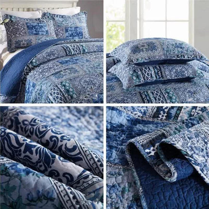 Boho Blue Quilted Coverlet & Pillow Set: Vibrant, Cozy Elegance - king.