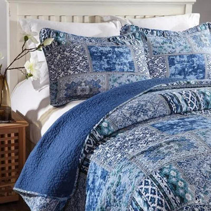 Boho Blue Quilted Coverlet & Pillow Set: Vibrant, Cozy Elegance - king.