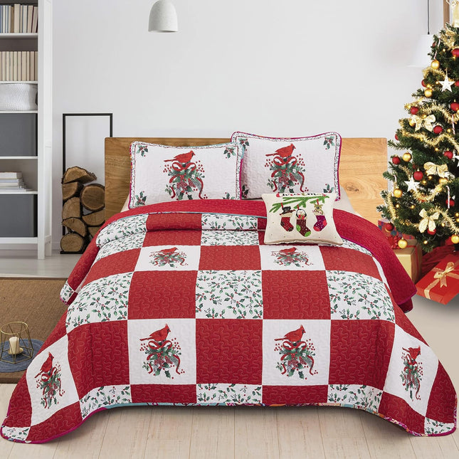 Elegant Red, greem & White Christmas Queen Bedspread Set.