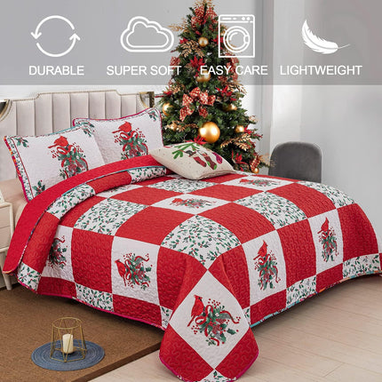 Elegant Red, greem & White Christmas Queen Bedspread Set.