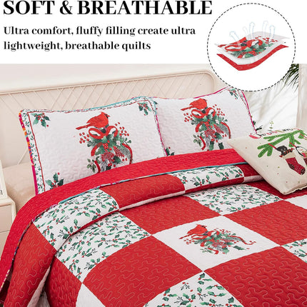 Elegant Red, greem & White Christmas Queen Bedspread Set.