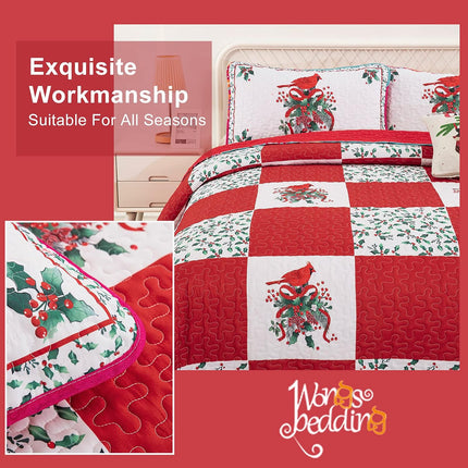 Elegant Red, greem & White Christmas Queen Bedspread Set.
