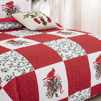 Elegant Red, greem & White Christmas Queen Bedspread Set.