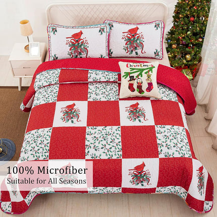 Elegant Red, greem & White Christmas Queen Bedspread Set.