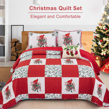 Elegant Red, greem & White Christmas Queen Bedspread Set.
