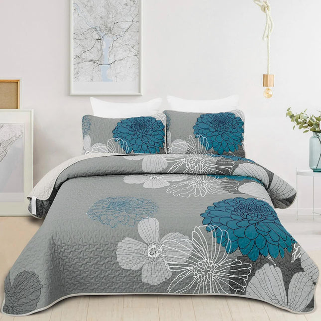 Grey Azure Bloom Quilted Coverlet Bedspread Set with Pillow Covers.