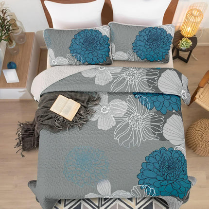 Grey Azure Bloom Quilted Coverlet Bedspread Set with Pillow Covers.