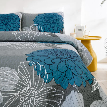 Grey Azure Bloom Quilted Coverlet Bedspread Set with Pillow Covers.