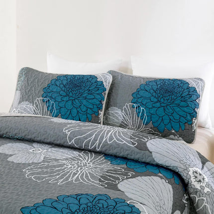 Grey Azure Bloom Quilted Coverlet Bedspread Set with Pillow Covers.