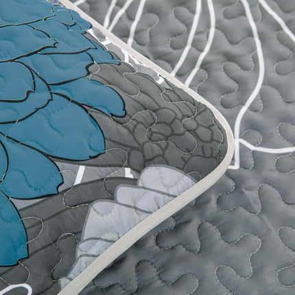 Grey Azure Bloom Quilted Coverlet Bedspread Set with Pillow Covers.