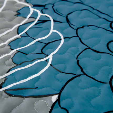 Grey Azure Bloom Quilted Coverlet Bedspread Set with Pillow Covers.
