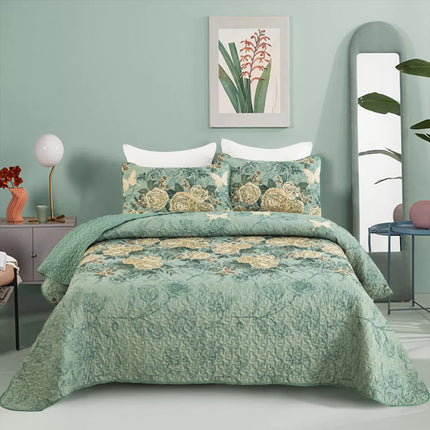 Meadow Butterfly Green Quilted Bedspread Set with Floral Details and Pillowcases.