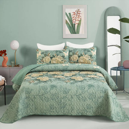 Meadow Butterfly Green Quilted Bedspread Set with Floral Details and Pillowcases.