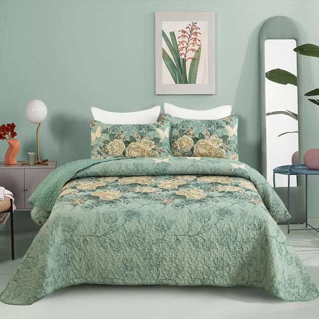 Meadow Butterfly Green Quilted Bedspread Set with Floral Details and Pillowcases.