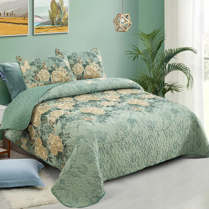 Meadow Butterfly Green Quilted Bedspread Set with Floral Details and Pillowcases.