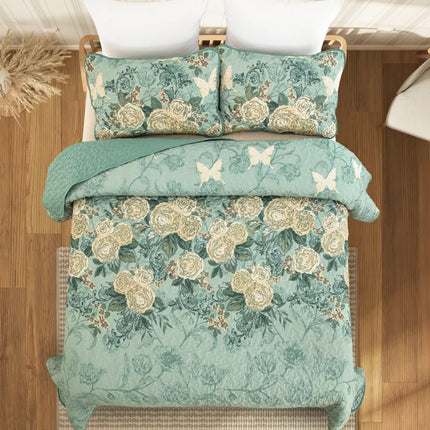 Meadow Butterfly Green Quilted Bedspread Set with Floral Details and Pillowcases.