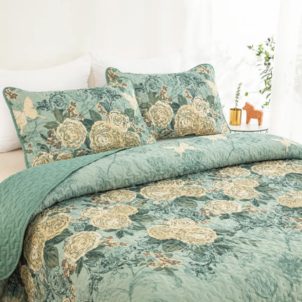 Meadow Butterfly Green Quilted Bedspread Set with Floral Details and Pillowcases.