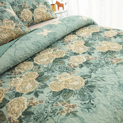 Meadow Butterfly Green Quilted Bedspread Set with Floral Details and Pillowcases.