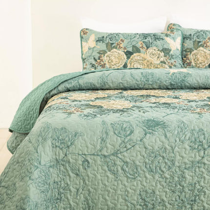 Meadow Butterfly Green Quilted Bedspread Set with Floral Details and Pillowcases.