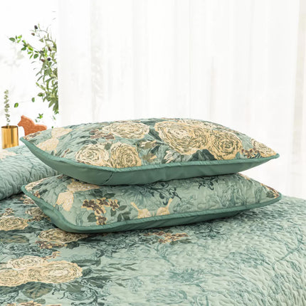 Meadow Butterfly Green Quilted Bedspread Set with Floral Details and Pillowcases.