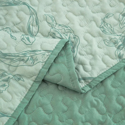 Meadow Butterfly Green Quilted Bedspread Set with Floral Details and Pillowcases.