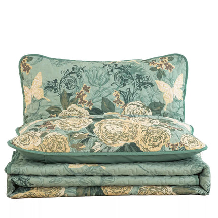 Meadow Butterfly Green Quilted Bedspread Set with Floral Details and Pillowcases.