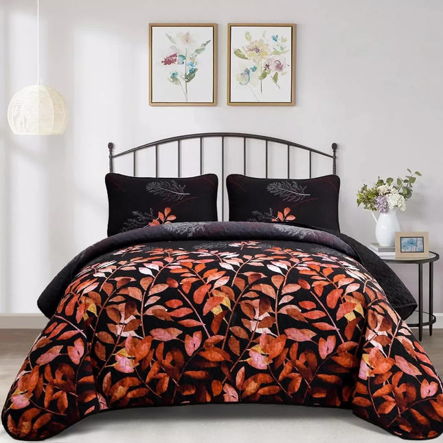 Black and Red  Leaves Quilted Bedspread & Pillowcase Set.