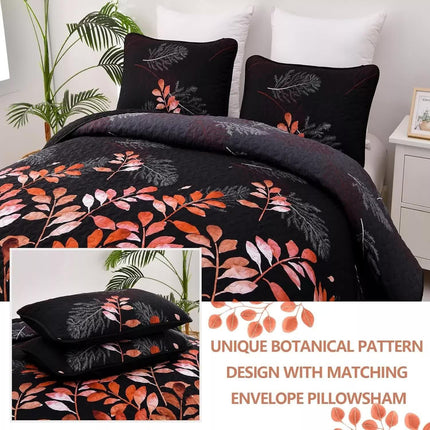 Black and Red  Leaves Quilted Bedspread & Pillowcase Set.