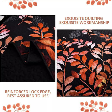 Black and Red  Leaves Quilted Bedspread & Pillowcase Set.